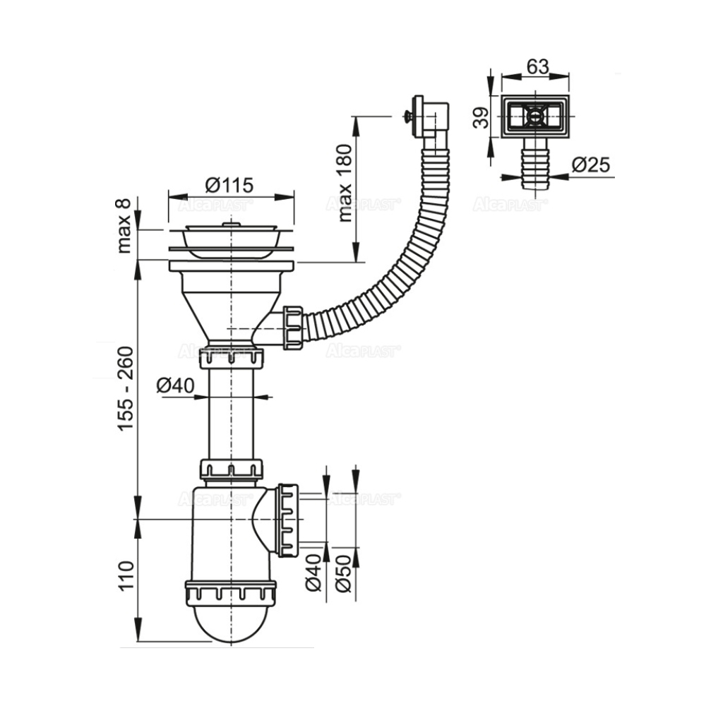 Сифон для мойки c переливом (широкий выпуск) д.115 a447-dn50/40 ALCAPLAST