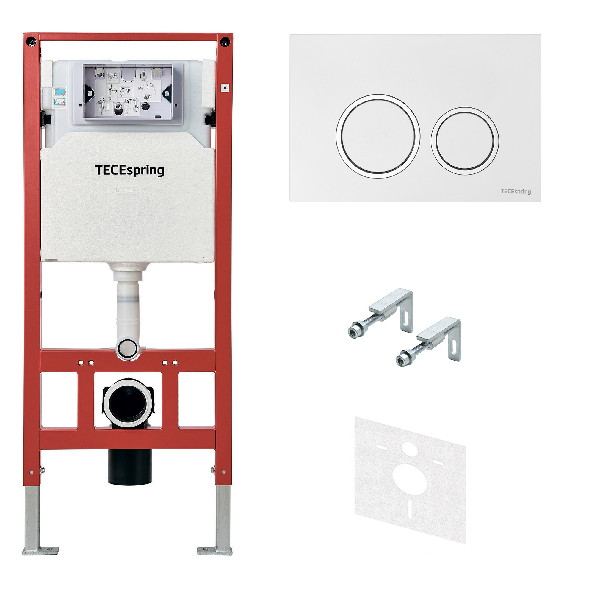 Комплект TECE для установки подвесного унитаза: инсталляция TECEspring, пластиковая панель смыва TECEspring R, белый глянцевый S401103